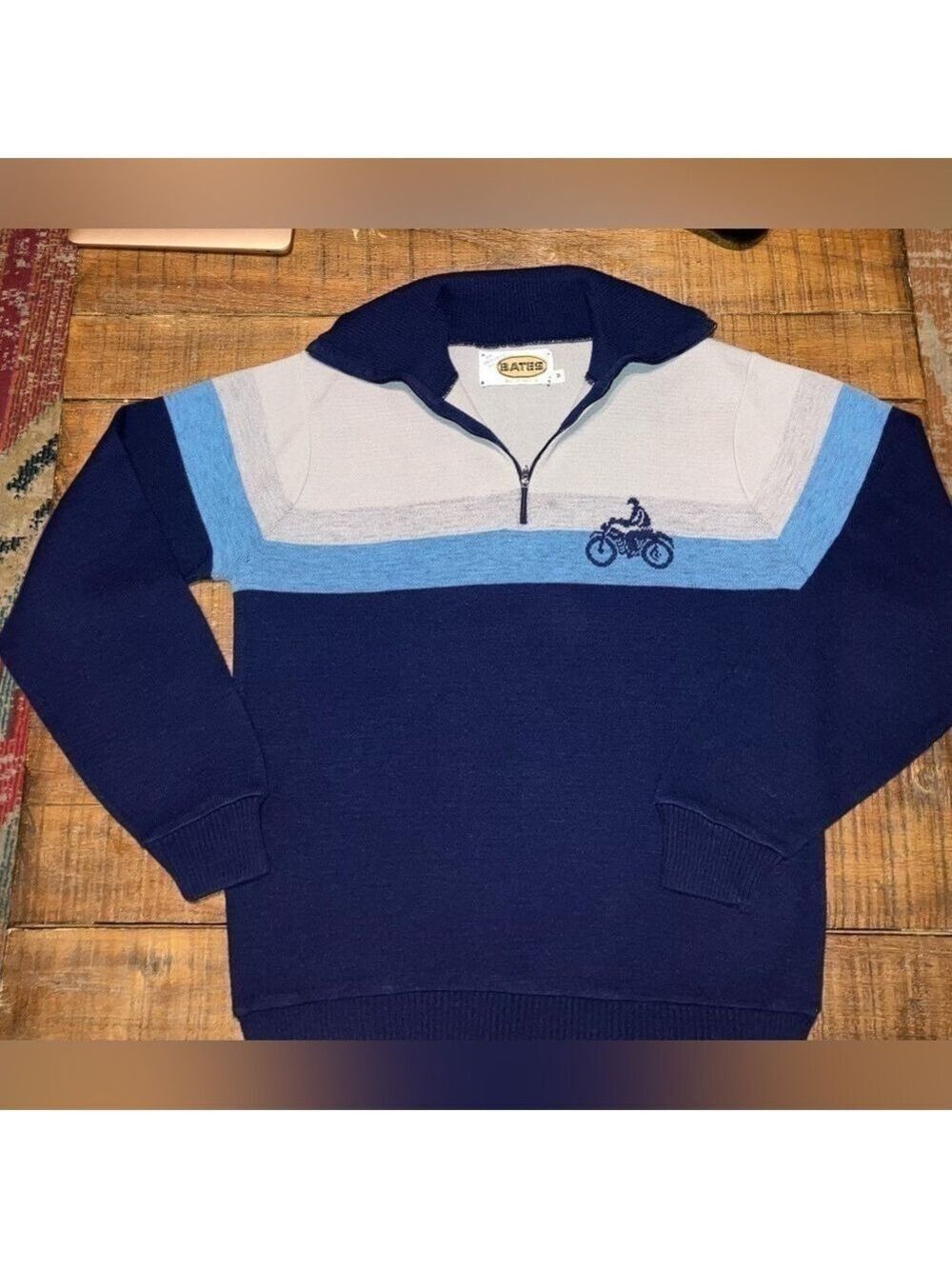 🔥RARE🔥 Vintage 60s 70s BATES Acrylic Motorcycle Quarter Zip Sweater Size Med